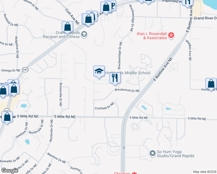 map of restaurants, bars, coffee shops, grocery stores, and more near 3121 Brockwood Drive Northeast in Grand Rapids
