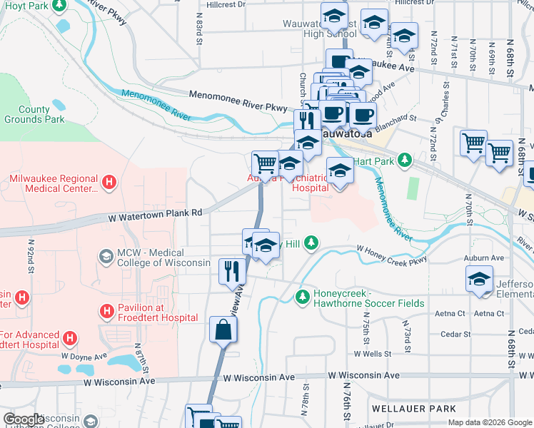 map of restaurants, bars, coffee shops, grocery stores, and more near 1172 Glenview Avenue in Wauwatosa