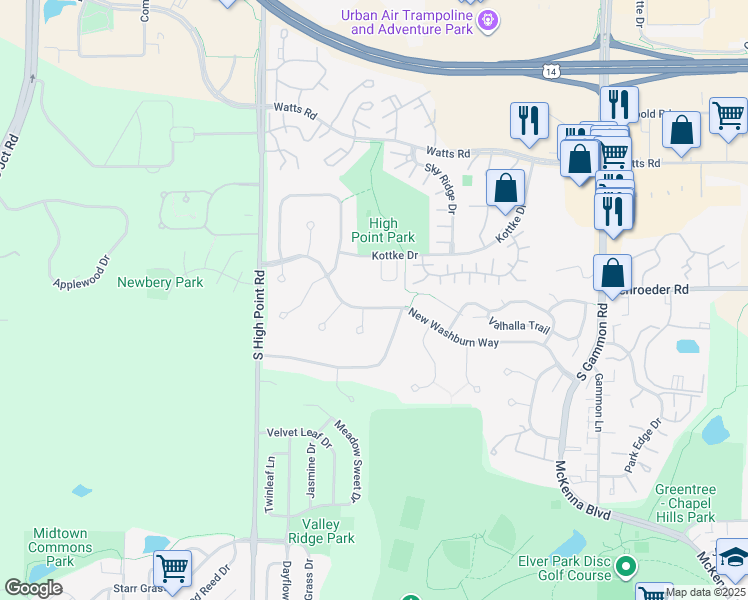 map of restaurants, bars, coffee shops, grocery stores, and more near 7421 New Washburn Way in Madison