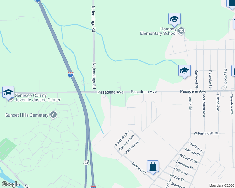 map of restaurants, bars, coffee shops, grocery stores, and more near 3453 Pasadena Avenue in Flint