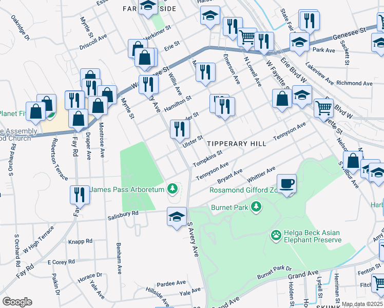 map of restaurants, bars, coffee shops, grocery stores, and more near 117 Cody Ave in Syracuse