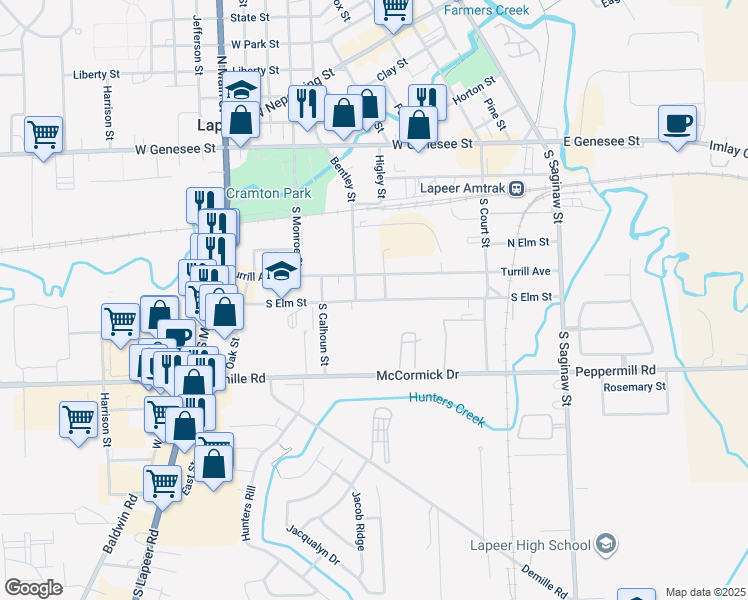 map of restaurants, bars, coffee shops, grocery stores, and more near 549 South Elm Street in Lapeer