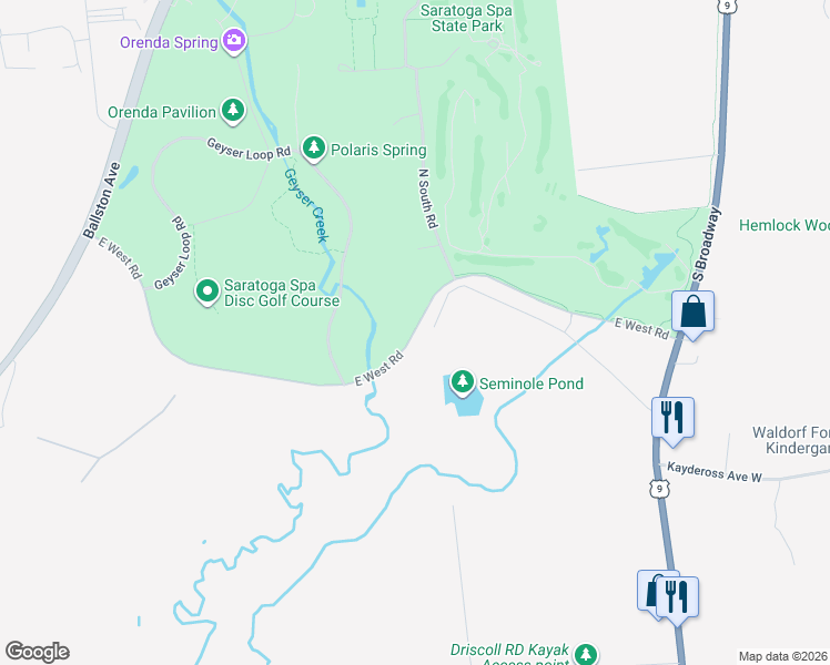 map of restaurants, bars, coffee shops, grocery stores, and more near East West Road in Saratoga Springs