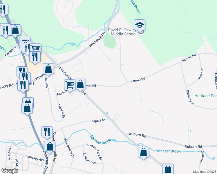 map of restaurants, bars, coffee shops, grocery stores, and more near 25 Farmer Road in Hooksett