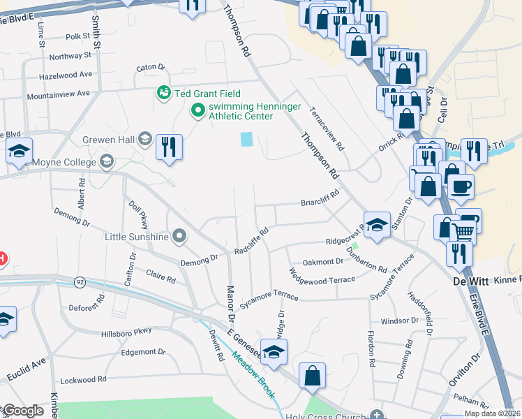 map of restaurants, bars, coffee shops, grocery stores, and more near 305 Radcliffe Road in Syracuse