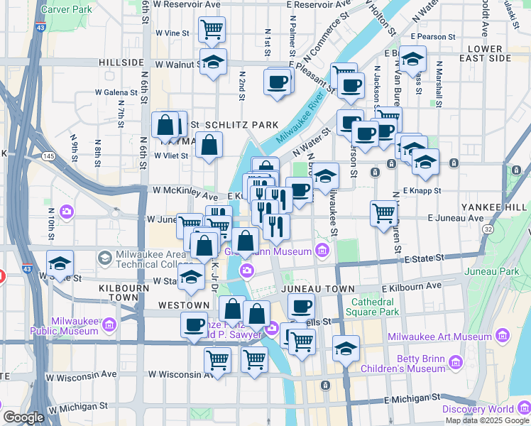 map of restaurants, bars, coffee shops, grocery stores, and more near 145 East Juneau Avenue in Milwaukee