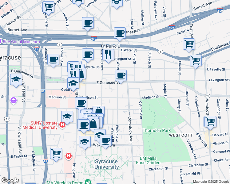 map of restaurants, bars, coffee shops, grocery stores, and more near 920 Madison Street in Syracuse