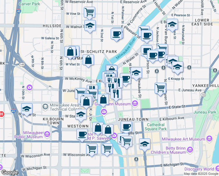 map of restaurants, bars, coffee shops, grocery stores, and more near 145 East Juneau Avenue in Milwaukee