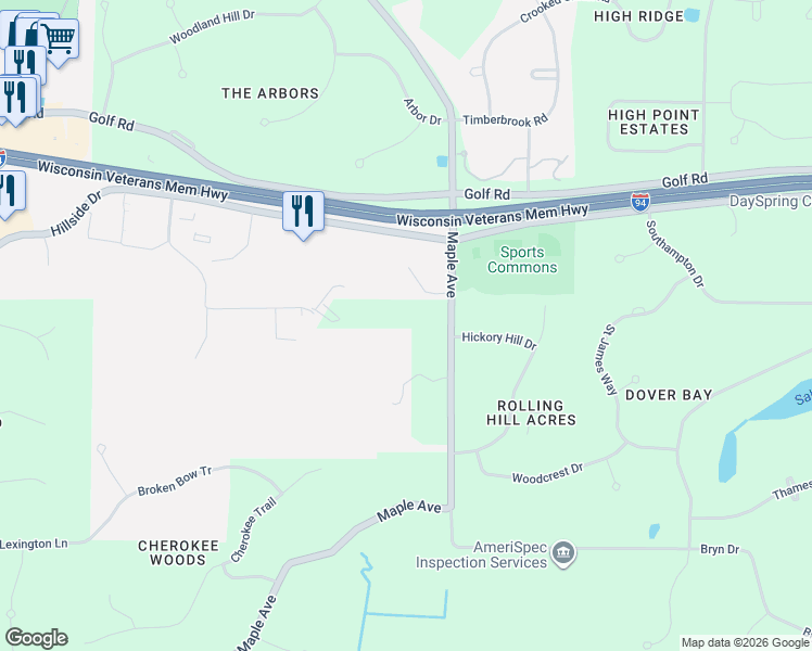 map of restaurants, bars, coffee shops, grocery stores, and more near W302N1025 Maple Avenue in Waukesha