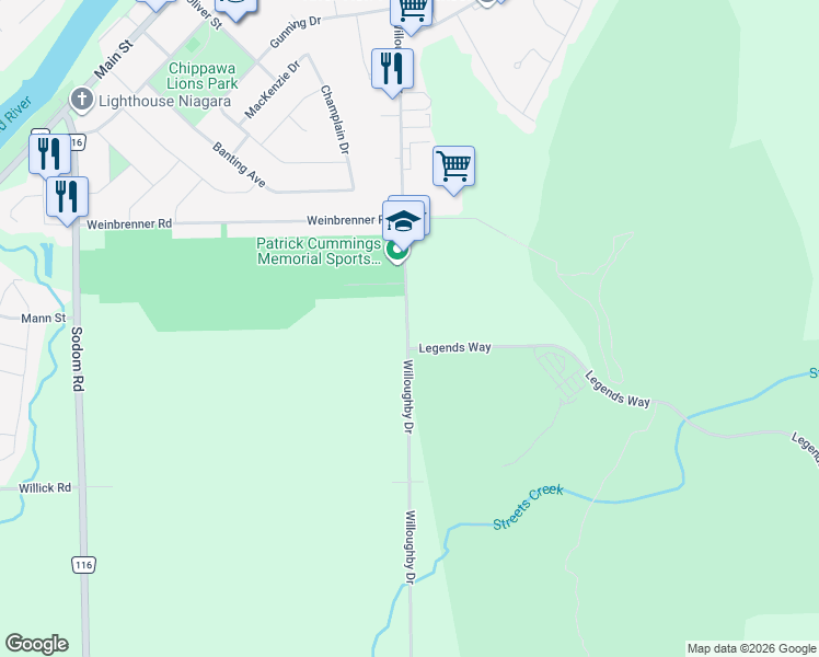 map of restaurants, bars, coffee shops, grocery stores, and more near 9150 Willoughby Drive in Niagara Falls
