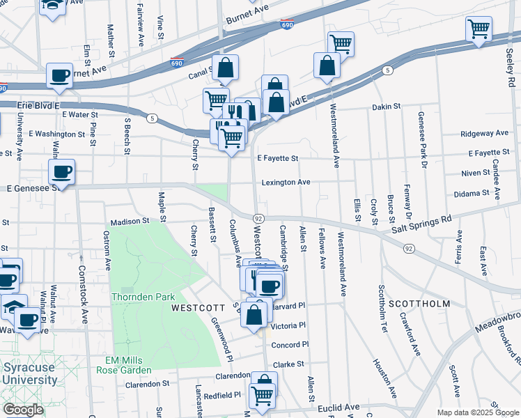 map of restaurants, bars, coffee shops, grocery stores, and more near 2012 East Genesee Street in Syracuse