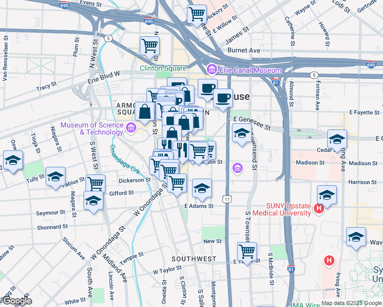 map of restaurants, bars, coffee shops, grocery stores, and more near 121 Madison Street in Syracuse