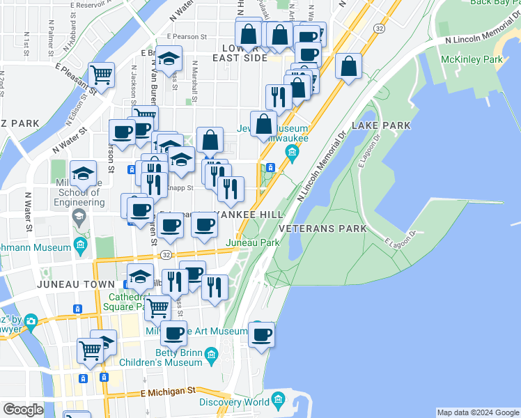 map of restaurants, bars, coffee shops, grocery stores, and more near 1224 North Prospect Avenue in Milwaukee