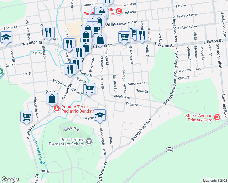 map of restaurants, bars, coffee shops, grocery stores, and more near 21 Steele Avenue in Gloversville
