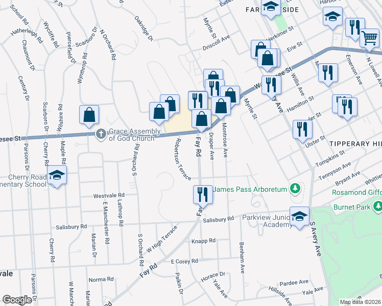 map of restaurants, bars, coffee shops, grocery stores, and more near 113 Robertson Terrace in Syracuse