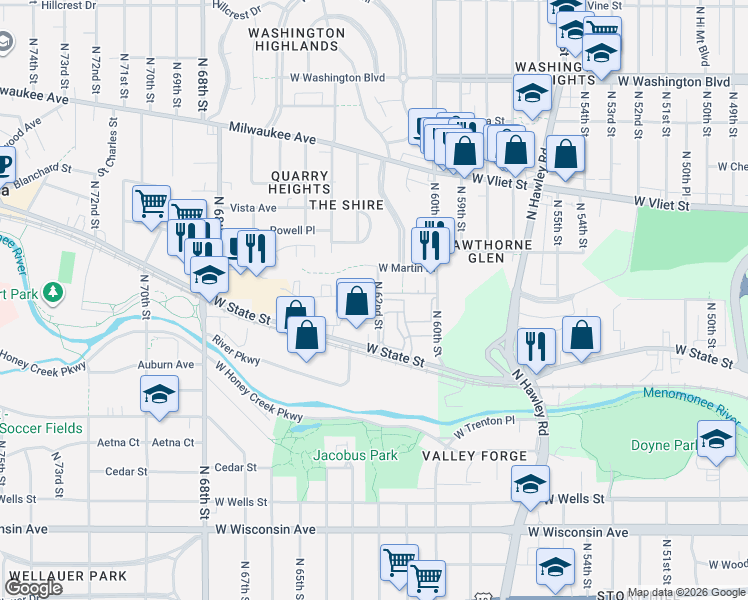 map of restaurants, bars, coffee shops, grocery stores, and more near 1101 North 62nd Street in Wauwatosa