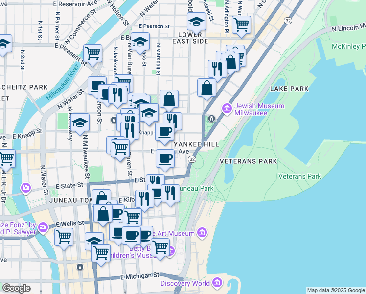 map of restaurants, bars, coffee shops, grocery stores, and more near 1028 East Juneau Avenue in Milwaukee