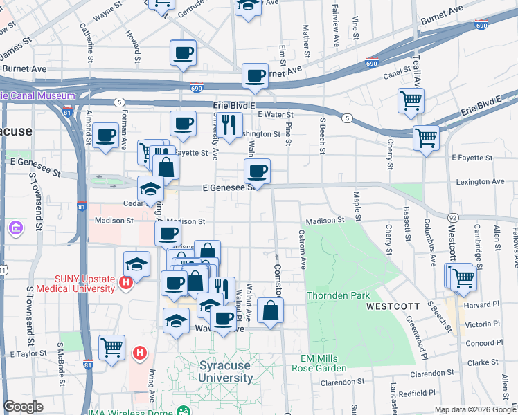 map of restaurants, bars, coffee shops, grocery stores, and more near 116 Comstock Avenue in Syracuse