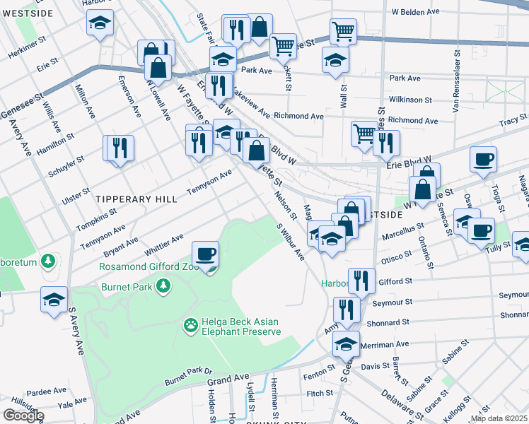 map of restaurants, bars, coffee shops, grocery stores, and more near 509 South Wilbur Avenue in Syracuse