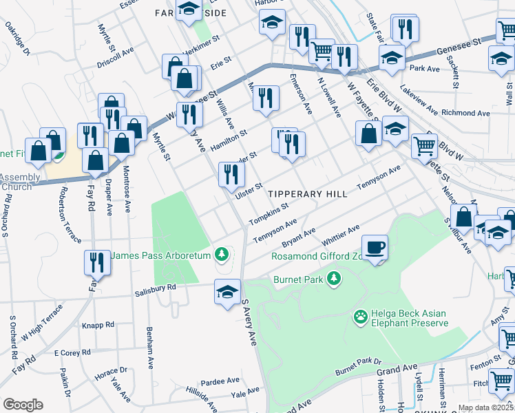 map of restaurants, bars, coffee shops, grocery stores, and more near 605 Tompkins Street in Syracuse