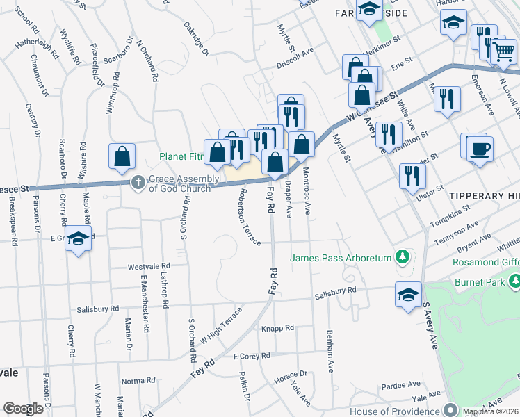 map of restaurants, bars, coffee shops, grocery stores, and more near 113 Robertson Terrace in Syracuse