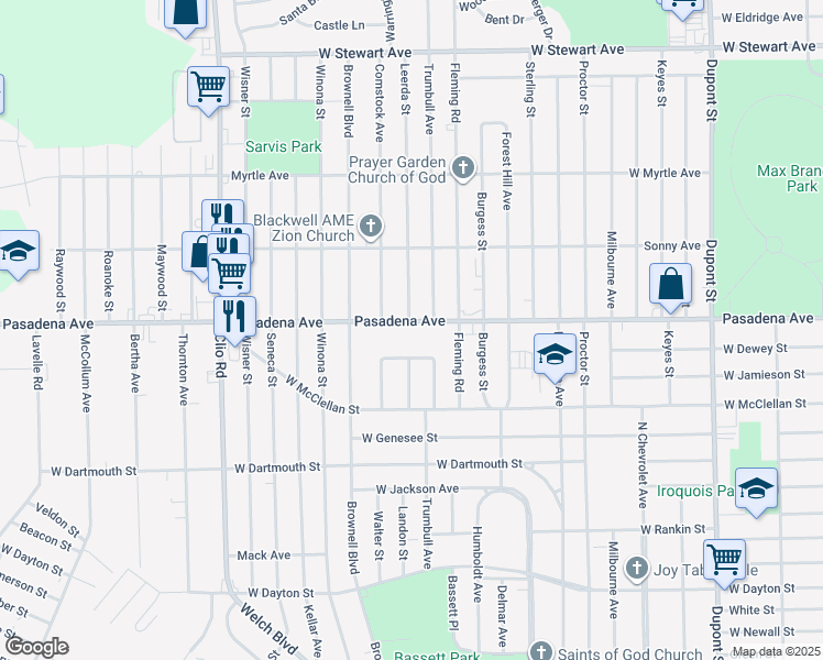 map of restaurants, bars, coffee shops, grocery stores, and more near 1802 Parkfront Drive in Flint