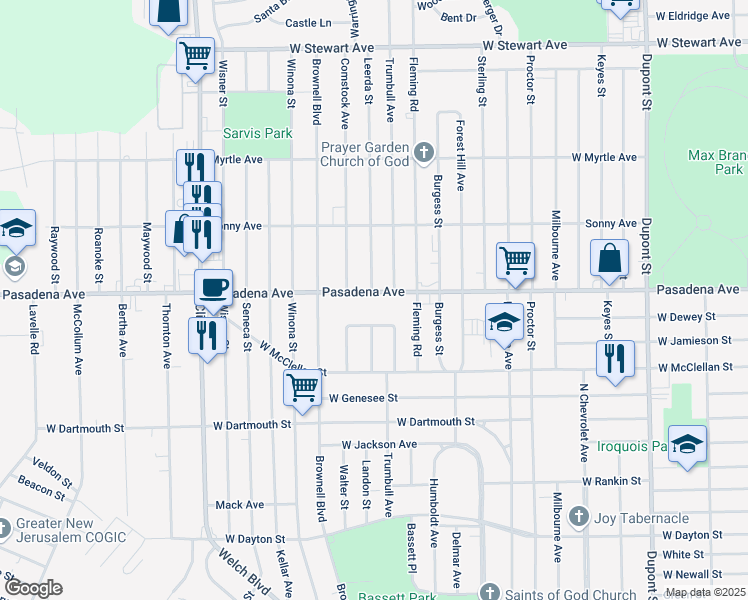 map of restaurants, bars, coffee shops, grocery stores, and more near 1802 Parkfront Drive in Flint