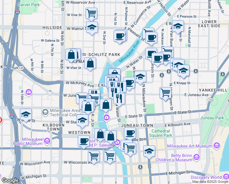map of restaurants, bars, coffee shops, grocery stores, and more near 145 East Juneau Avenue in Milwaukee