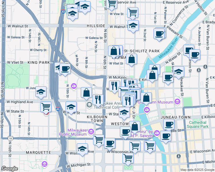 map of restaurants, bars, coffee shops, grocery stores, and more near 1149 North 5th Street in Milwaukee