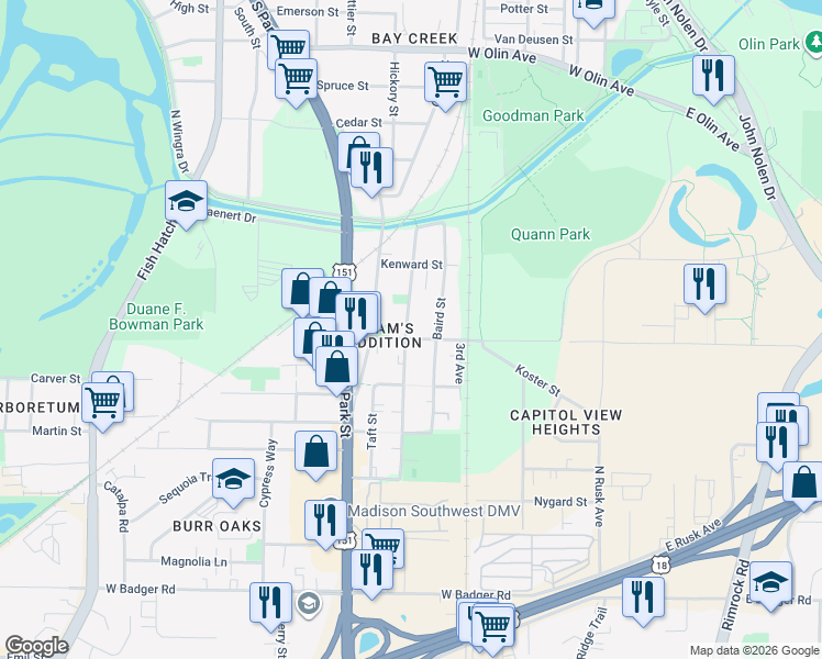 map of restaurants, bars, coffee shops, grocery stores, and more near 505 Bram Street in Madison