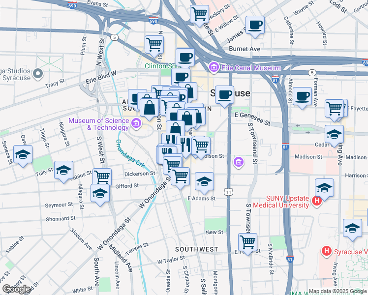 map of restaurants, bars, coffee shops, grocery stores, and more near 100 East Onondaga Street in Syracuse