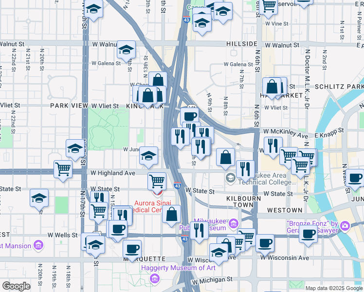 map of restaurants, bars, coffee shops, grocery stores, and more near 1037 West Juneau Avenue in Milwaukee