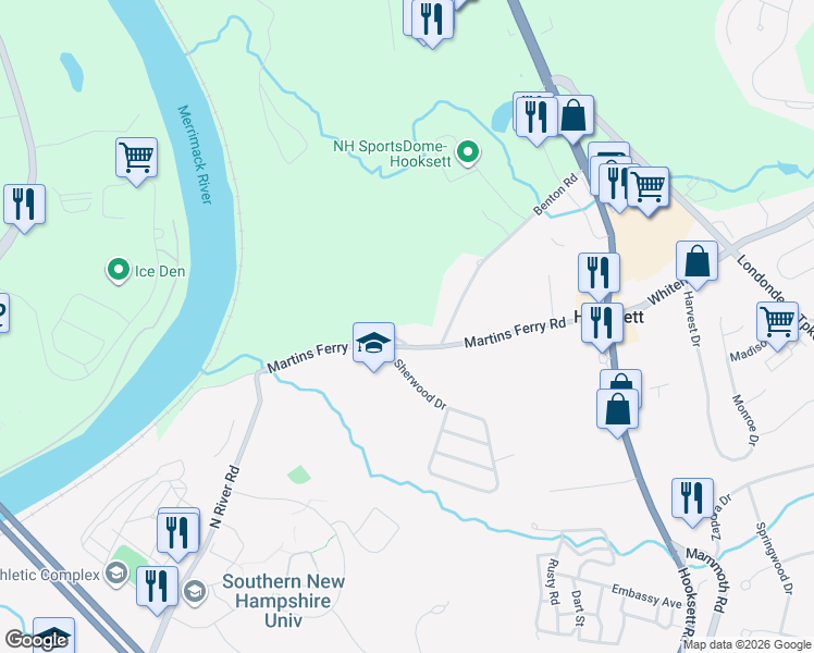 map of restaurants, bars, coffee shops, grocery stores, and more near 1 Cemetery Road in Hooksett