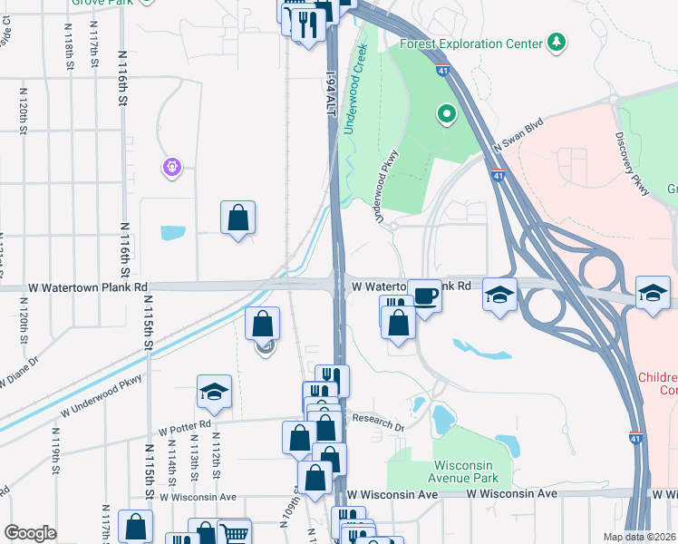 map of restaurants, bars, coffee shops, grocery stores, and more near 1200 North Mayfair Road in Milwaukee