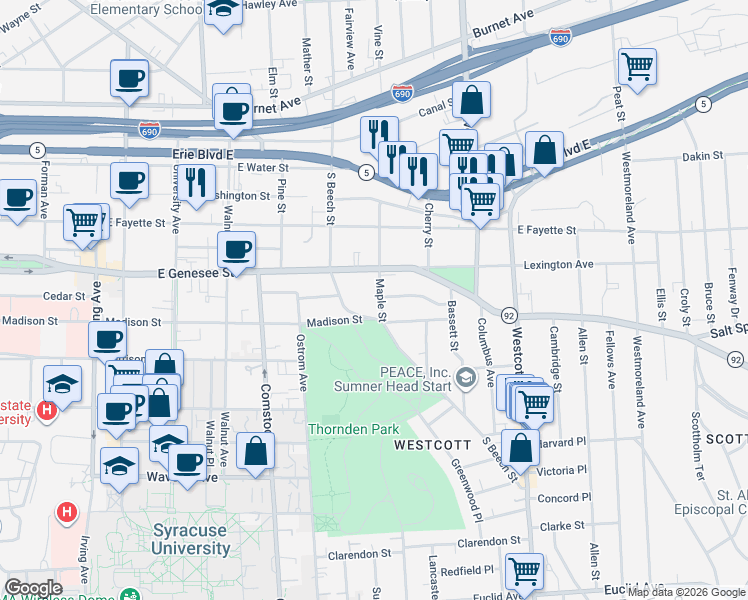map of restaurants, bars, coffee shops, grocery stores, and more near 451 South Beech Street in Syracuse