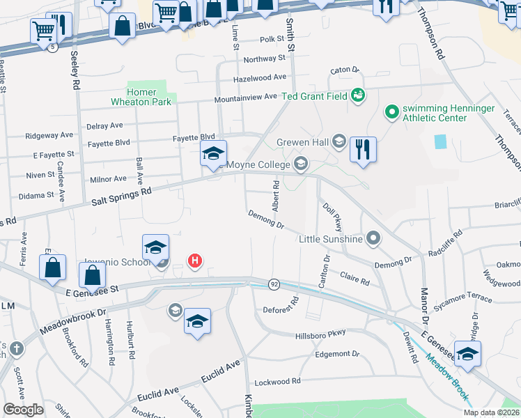 map of restaurants, bars, coffee shops, grocery stores, and more near 314 Demong Drive in Syracuse