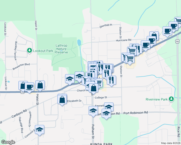 map of restaurants, bars, coffee shops, grocery stores, and more near 1518 Pelham Street in Pelham