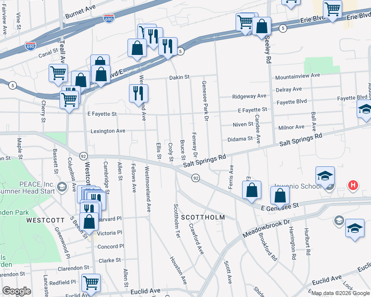 map of restaurants, bars, coffee shops, grocery stores, and more near 384 Bruce Street in Syracuse