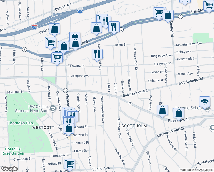 map of restaurants, bars, coffee shops, grocery stores, and more near 461 Ellis Street in Syracuse