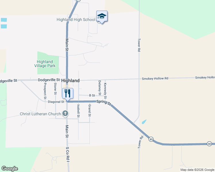 map of restaurants, bars, coffee shops, grocery stores, and more near 514 Delaney Street in Highland