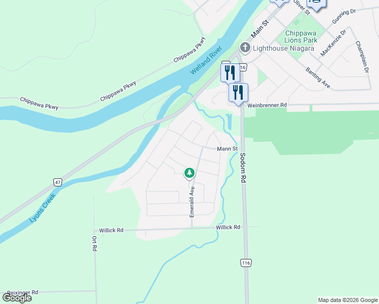 map of restaurants, bars, coffee shops, grocery stores, and more near 4447 Saw Mill Drive in Niagara Falls
