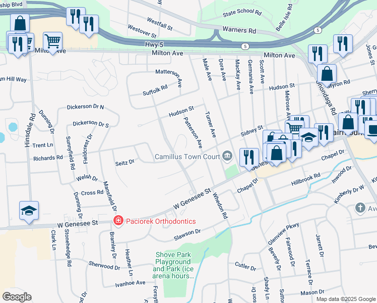 map of restaurants, bars, coffee shops, grocery stores, and more near 304 Yorkshire Boulevard in Syracuse
