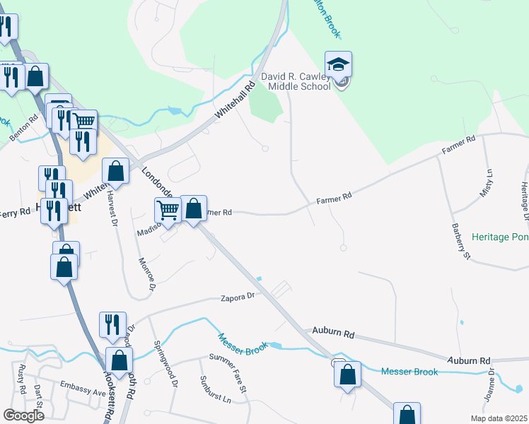 map of restaurants, bars, coffee shops, grocery stores, and more near 25 Farmer Road in Hooksett