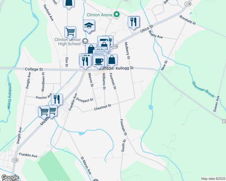 map of restaurants, bars, coffee shops, grocery stores, and more near 37 Williams Street in Clinton