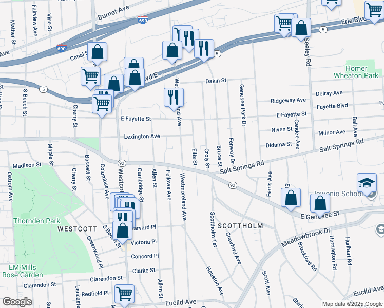map of restaurants, bars, coffee shops, grocery stores, and more near 461 Ellis Street in Syracuse