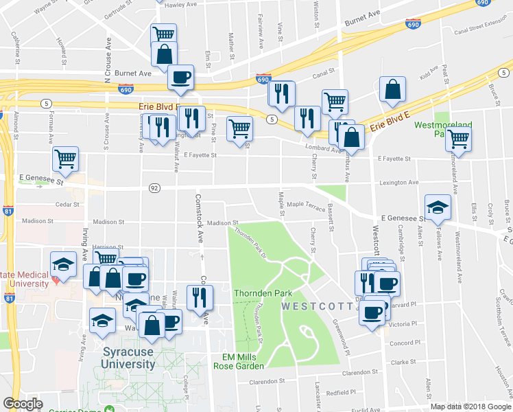 map of restaurants, bars, coffee shops, grocery stores, and more near 451 South Beech Street in Syracuse