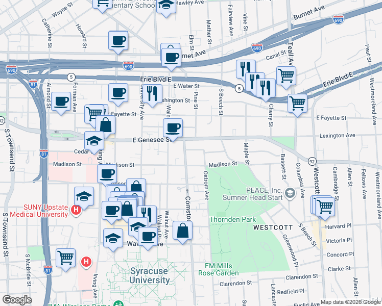 map of restaurants, bars, coffee shops, grocery stores, and more near 1107 Madison Street in Syracuse