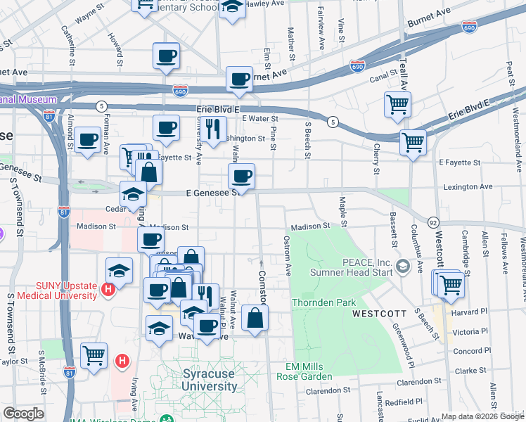map of restaurants, bars, coffee shops, grocery stores, and more near 116 Comstock Avenue in Syracuse