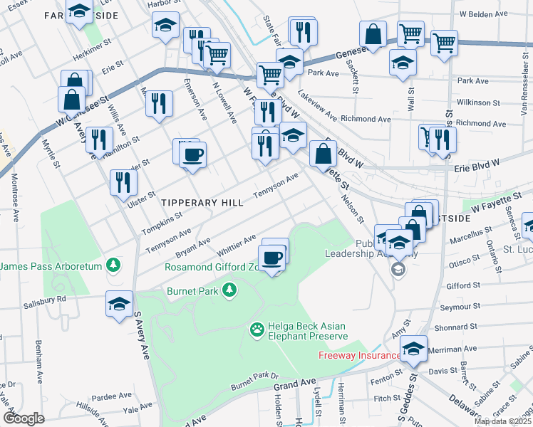 map of restaurants, bars, coffee shops, grocery stores, and more near 258 Whittier Avenue in Syracuse