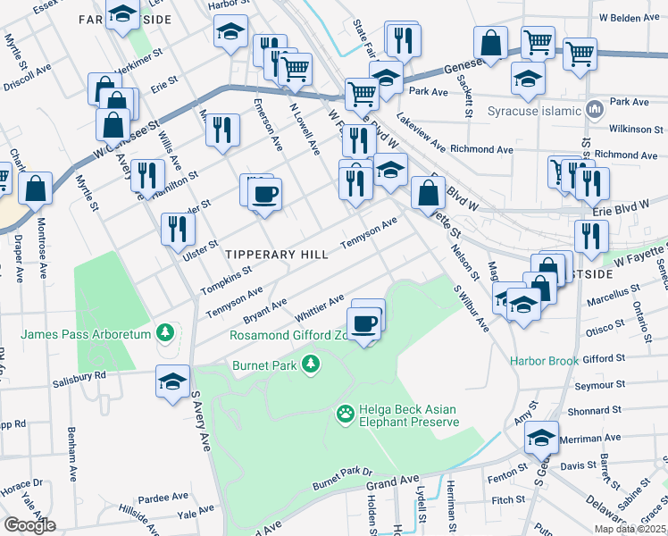 map of restaurants, bars, coffee shops, grocery stores, and more near 315 Bryant Avenue in Syracuse